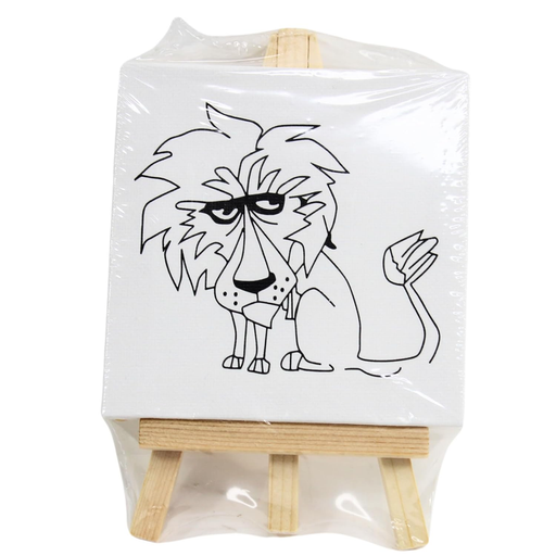 A small square canvas featuring a line-art drawing of a lion sitting on a light-colored wooden display easel, packaged in clear plastic.