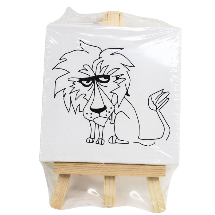A small square canvas featuring a line-art drawing of a lion sitting on a light-colored wooden display easel, packaged in clear plastic.