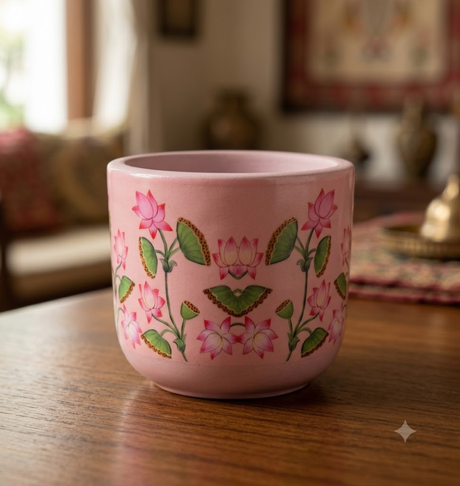 Handpainted pink terracotta flower pot featuring an intricate traditional lotus flower and leaf design resting on a wooden table.