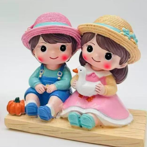 Hand-painted resin figurine of a young boy in blue overalls and a young girl in a pink dress sitting on a wooden log, wearing sun hats and holding a small white goose next to a miniature pumpkin.