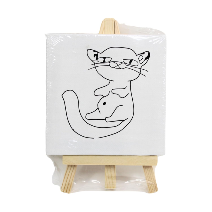 A mini square canvas with a line-art drawing (cat or elephant) on a small wooden display easel, wrapped in clear plastic.