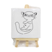 A mini square canvas with a line-art drawing (cat or elephant) on a small wooden display easel, wrapped in clear plastic.