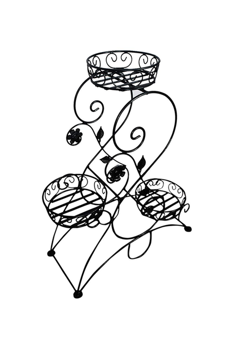 Black metal 3-tier plant stand with decorative scrollwork and floral accents