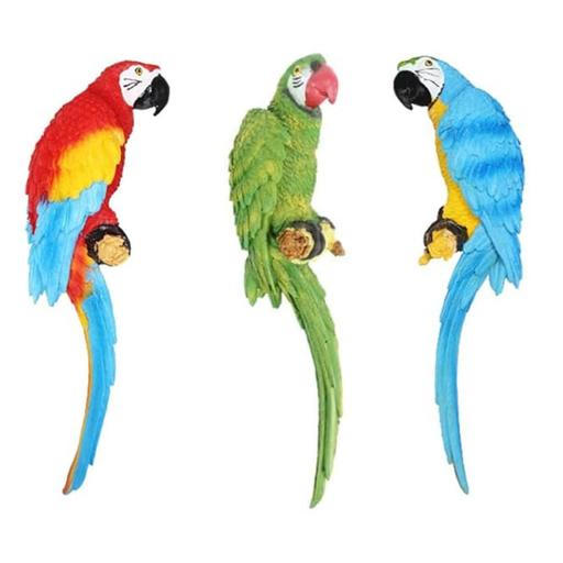 Set of three realistic tropical parrot wall sculptures in red, green, and blue, handcrafted from resin and mounted as garden wall decor.