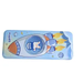 A blue metal pencil box for kids with a rocket ship illustration and a circular liquid window in the center containing a small floating astronaut figure.