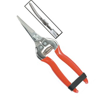 Garden pruning shears with silver metal blades, bright red handles, an integrated spring mechanism, and a black storage strap