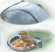 A clear acrylic window bird feeder mounted on glass with suction cups, featuring a protective roof and a tray filled with seeds, with a small robin perched on the edge.