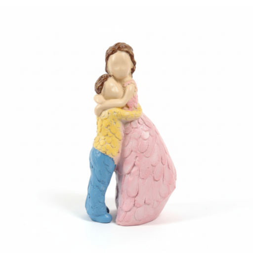 A hand-painted resin figurine of an older sister in a textured pink dress hugging her younger brother in a yellow sweater and blue pants, symbolizing a protective sibling bond.