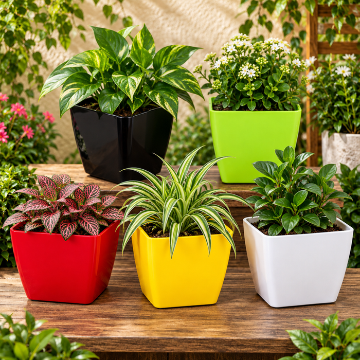 Set of 4 inch square plastic flower pots in black, green, red, yellow and white