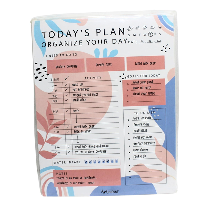 A daily planning pad titled "Today's Plan - Organize Your Day" featuring abstract shapes and botanical line art. The layout includes an hourly schedule, a goals section, a to-do list, a water intake tracker, and a notes area.