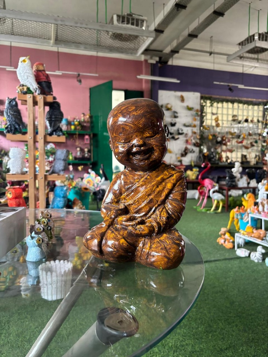 12-inch hand-painted brown swirl meditating little monk statue for home and garden decor