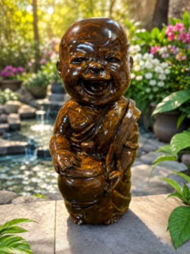 Handcrafted 14-inch polished tiger eye stone laughing monk statue holding a bowl in a garden setting