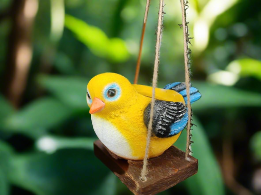 A whimsical yellow and blue hand-painted bird planter containing green succulents, sitting on a rustic wooden swing suspended by jute ropes against a leafy green background.