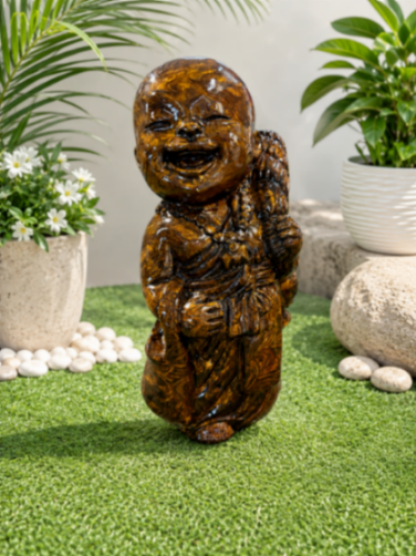 Laughing Buddha figurine with a glossy marbled wood-tone finish and joyful expression, displayed on a glass table.