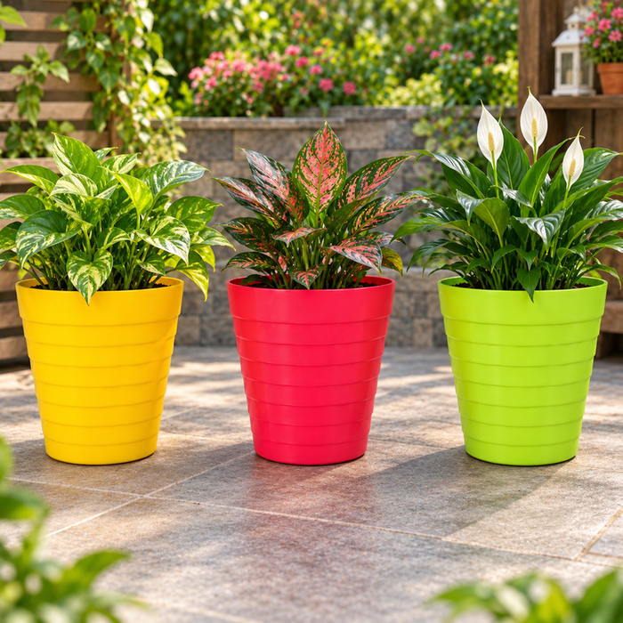 Set of colorful 10 inch ribbed plastic planter pots for indoor and outdoor plants