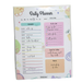 A colorful daily planner notepad titled "Daily Planner" featuring a 24-hour schedule column, a pink to-do list with colored dots, a goal tracker, and a notes section, all decorated with pastel doodles and stars