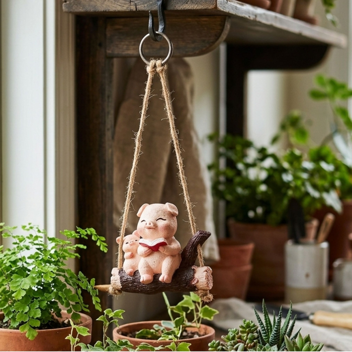 Cute reading pigs on a rustic log swing hanging ornament displayed among potted plants.