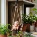 Cute reading pigs on a rustic log swing hanging ornament displayed among potted plants.