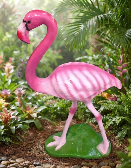 Decorative pink flamingo garden statue with a textured green base standing on a grey floor