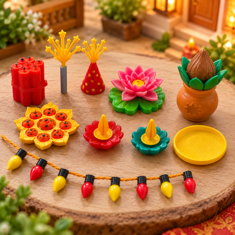 Set of 11 Diwali Miniatures for Dollhouse & Miniature Decor | Mini Diya, Lotus, Decorative Lights & Festive Accessories | Diwali Decoration for Fairy Garden, Doll House & DIY Crafts