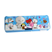 A blue rectangular stationery box for kids featuring various white, pink, and yellow cartoon characters on a light blue background. The case has a magnetic lid and a built-in white pencil sharpener visible on the side.