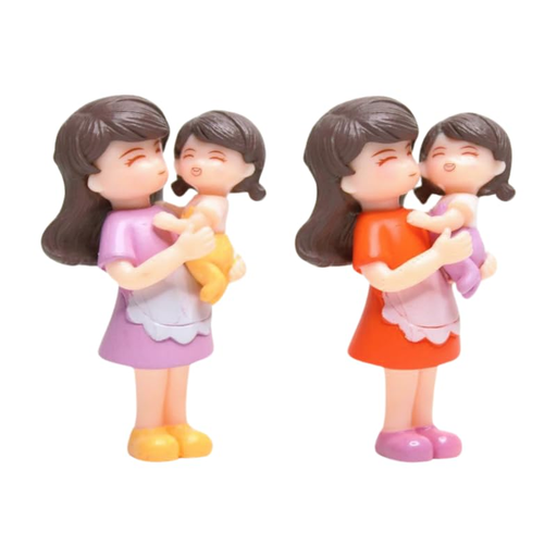 Two miniature figurines showing a mother holding a small child; one mother is wearing a purple dress and the other is wearing an orange dress, both isolated on a white background.
