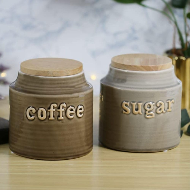 Imported Ceramic Sugar and Coffee Container with Rubber Tight Wooden Lid (Set of 2)