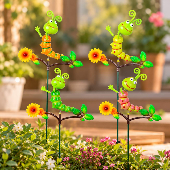 Set of 4 colorful caterpillar garden sticks with flowers and leaves for outdoor garden decoration