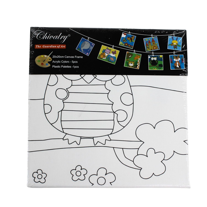 A Chivalry brand DIY painting kit featuring a 20x20cm canvas with a line-art drawing of an owl, packaged with 5 acrylic paint pods and a plastic palette.