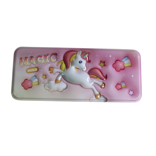 A light pink rectangular metal pencil case with a 3D embossed white unicorn leaping over clouds, featuring the text "MAGIC WORLD" and colorful stars.