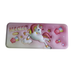 A light pink rectangular metal pencil case with a 3D embossed white unicorn leaping over clouds, featuring the text "MAGIC WORLD" and colorful stars.