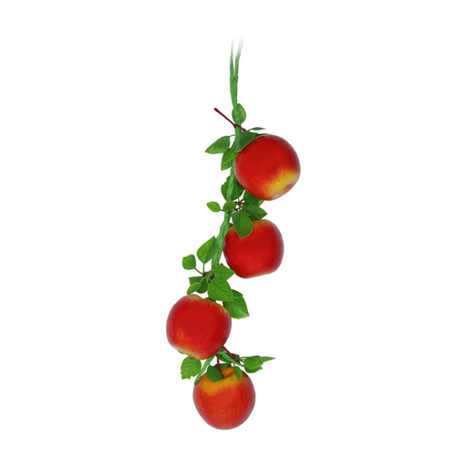 A vertical hanging string of four realistic artificial red apples with green leaves on a green vine-style cord against a white background.