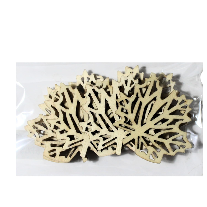 A group of several thin, light-colored wooden cutouts shaped like maple leaves with detailed laser-cut internal vein patterns, packaged together in a clear plastic sleeve.