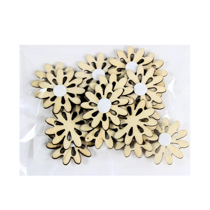 A set of small, flat laser-cut wooden flowers with decorative petal patterns. The flowers are shown from the reverse side to highlight the circular white self-adhesive foam stickers used for mounting.