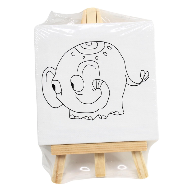 A small square canvas featuring a line-art drawing of a fox sitting on a light-colored wooden display easel, packaged in clear plastic.