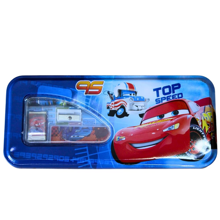 A blue metal pencil box for kids featuring a red racing car and the text "TOP SPEED" and "95." A transparent window on the left side shows a built-in sharpener and eraser.