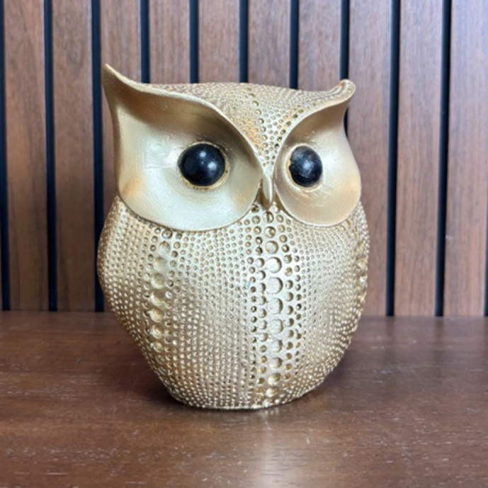 Small Owl Bird Statue Gold & White