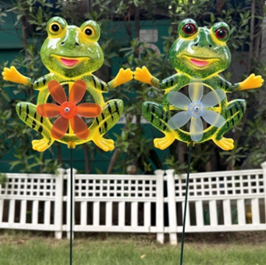 Pack of 2 decorative frog garden stakes with wind spinner