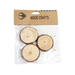 Three small, circular unfinished natural wood slices with concentric rings and textured bark edges, packaged together in a clear plastic sleeve with a brown "WOOD CRAFTS" header.