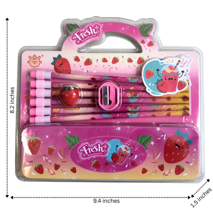 Themed Stationery Set – Includes Pencil Case, Pencils, Eraser, and Sharpener - pink colour