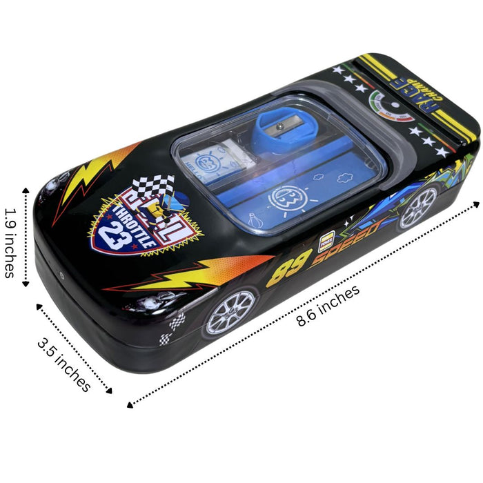 Wonderland 3D Racing Car Metal Pencil Box for Kids – Multi-Layer Tin Stationery Organizer with Built-in Sharpener, Pencil, Scale, Eraser & Transparent Window-Black Colour 8x3.5x1.7inch