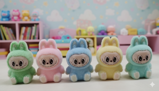 A full set of 5 Bunny Buddies collectible designer vinyl figures in pastel colors: green, pink, blue, yellow, and mint. The fluffy toys feature a sweet and spooky aesthetic and are displayed on a white surface in a colorful, whimsical dollhouse background.