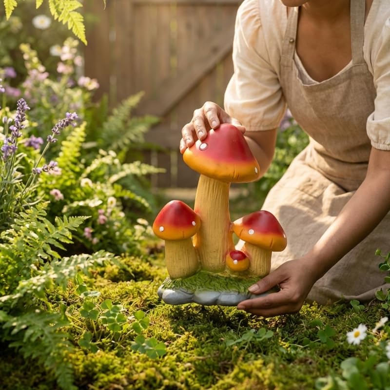 Vibrant Red & Gold Mushroom Garden Statue – Whimsical 4- Outdoor Ornament