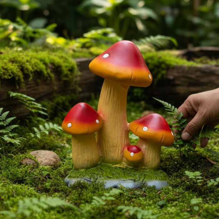 Wonderland Vibrant Red & Gold Mushroom Garden Statue – Whimsical 4-Cluster Outdoor Ornament for Yards, Patios, and Fairy Gardens