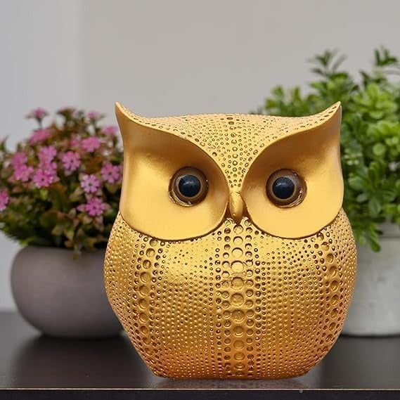 Small Owl Bird Statue Gold & White