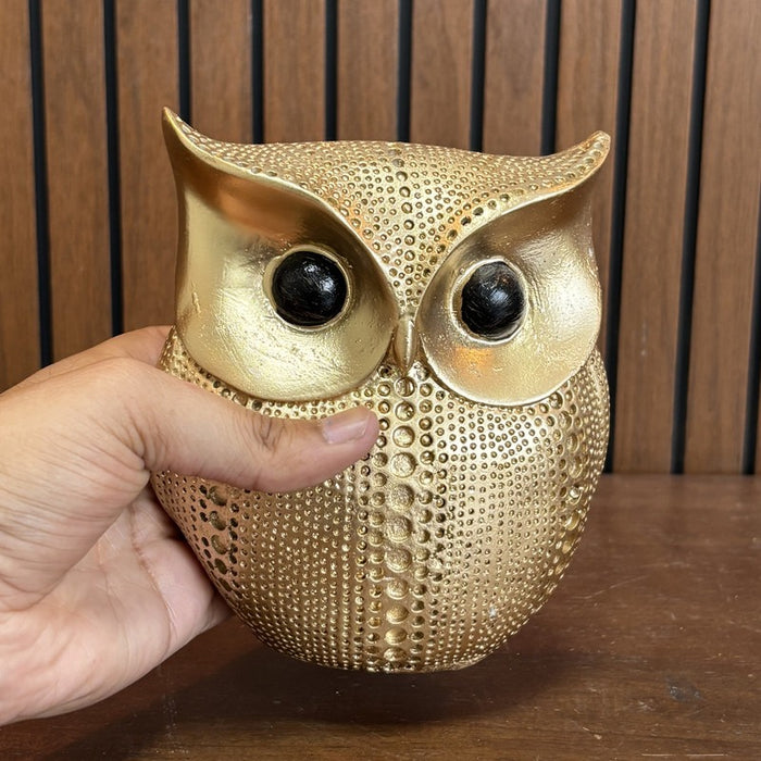 Small Owl Bird Statue Gold & White