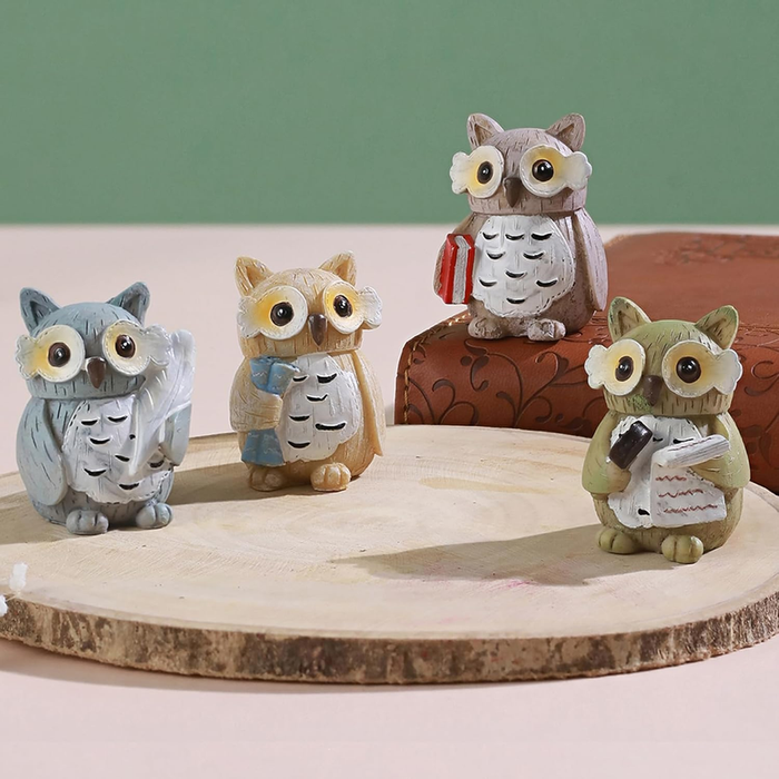 Set of 4 Miniature Owl Figurine Showpiece Statues