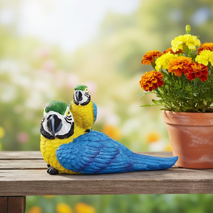 Wonderland Hand-Painted Tropical Blue and Gold Macaw Parrot Figurine – Decorative Exotic Bird Couple Statue for Home Office or Garden Decor
