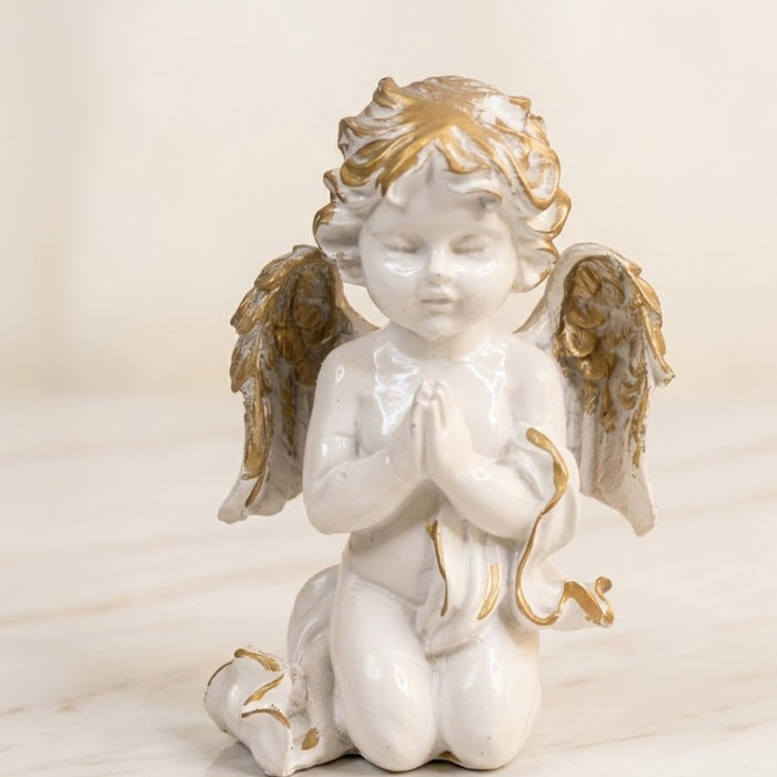 Wonderland Elegant Praying Cherub Angel Figurine – White and Gold Miniature Guardian Angel Statue for Home Decor, Gifting, and Collectibles