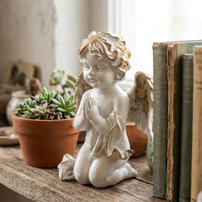 Wonderland Elegant Praying Cherub Angel Figurine – White and Gold Miniature Guardian Angel Statue for Home Decor, Gifting, and Collectibles
